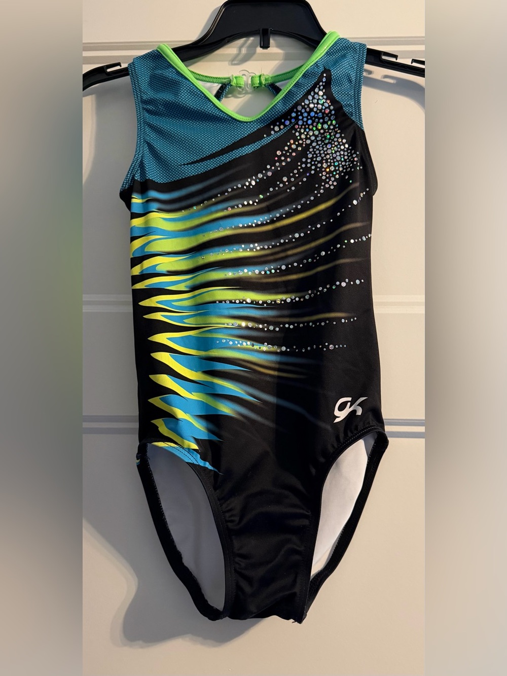 GK Kids' Black Teal Lime gymnastics competition Leotard